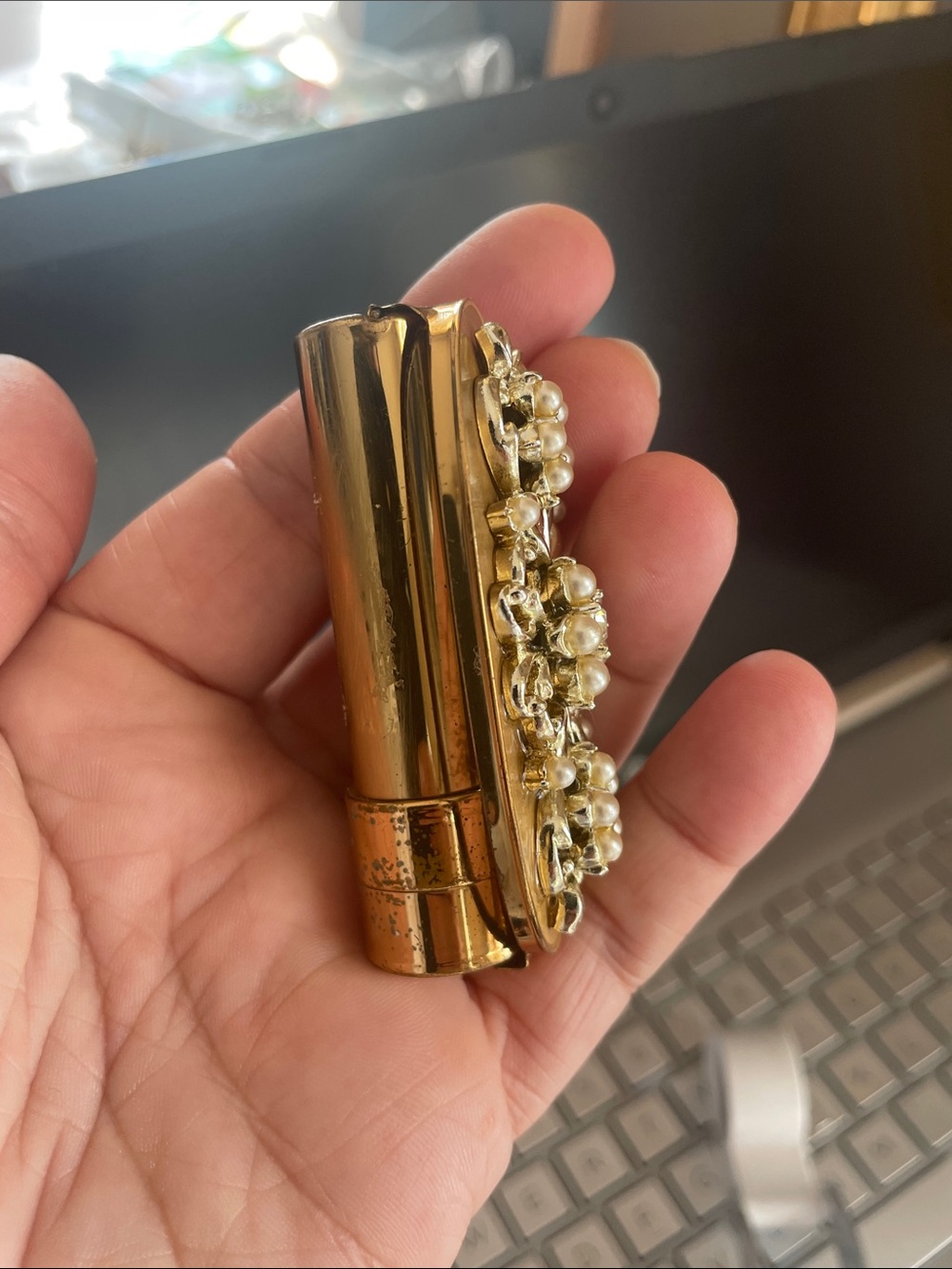 Gold Pearl Cluster Lipstick Case with mirror -